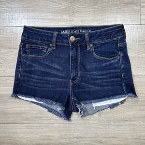 American Eagle Super Stretch High Rise Shortie Blue Denim Shorts‎ Cut Off Raw 8